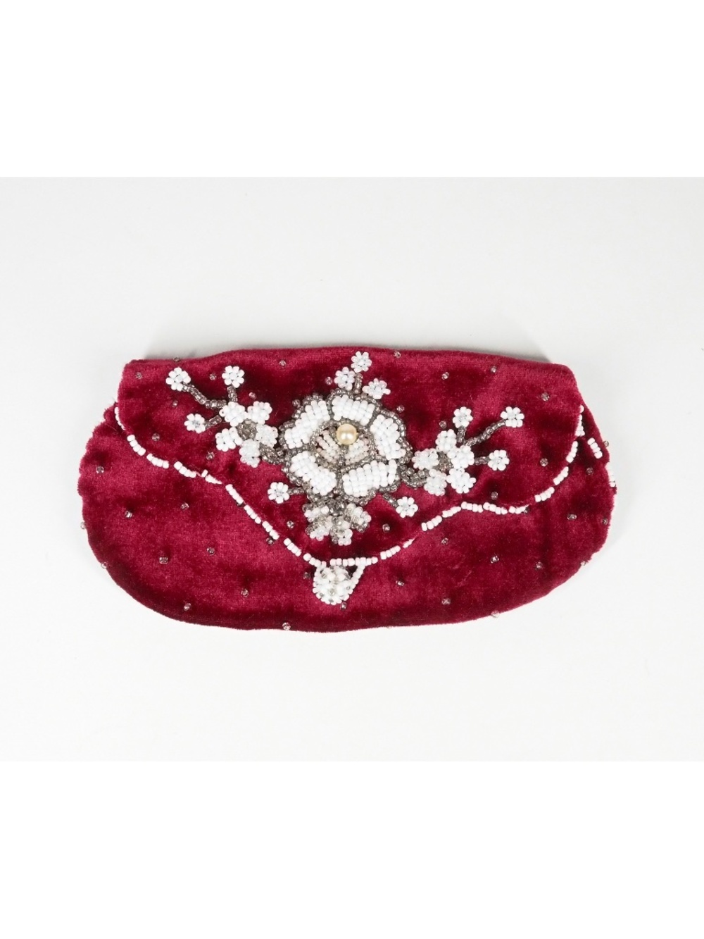 Velvet Pouch Vintage Beaded Satin Handmade Victorian Style Red White Silver
